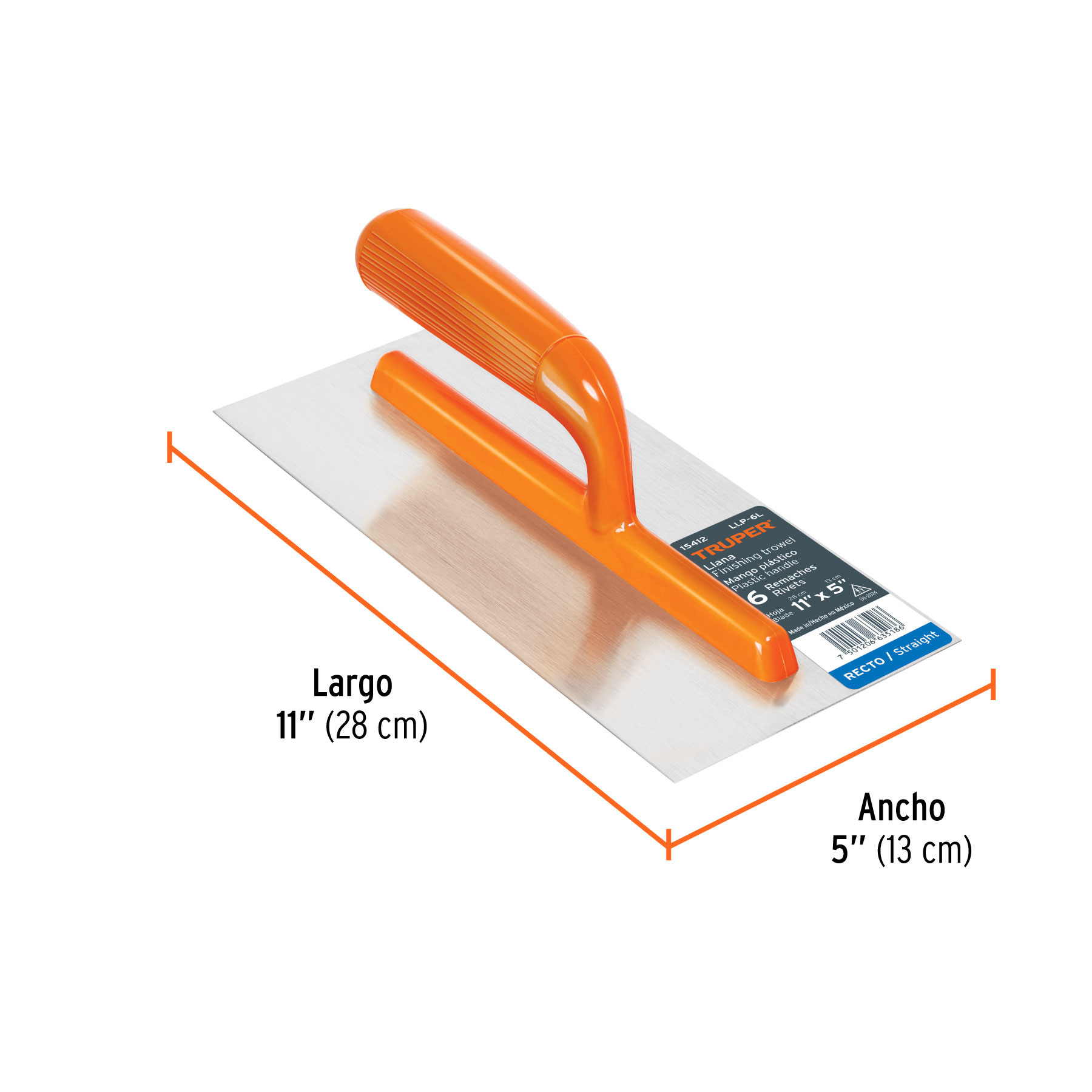 Llana 11" canto recto, 6 remaches, mgo plástico, Truper - Image 2